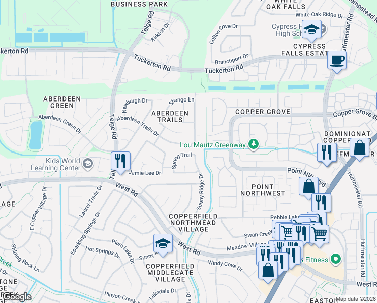 map of restaurants, bars, coffee shops, grocery stores, and more near 15714 Spring Trail in Houston