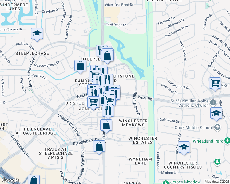 map of restaurants, bars, coffee shops, grocery stores, and more near 11014 West Road in Houston