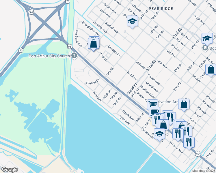 map of restaurants, bars, coffee shops, grocery stores, and more near 2748 36th Street in Port Arthur