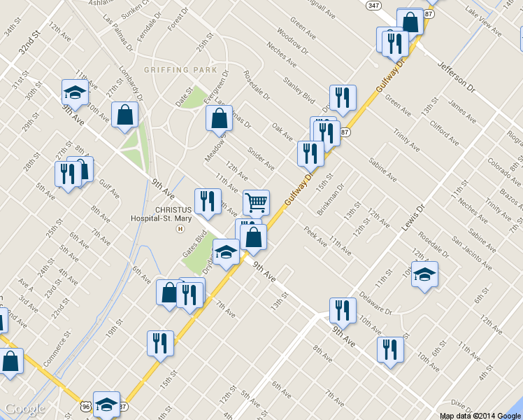 map of restaurants, bars, coffee shops, grocery stores, and more near 3835 Gulfway Drive in Port Arthur