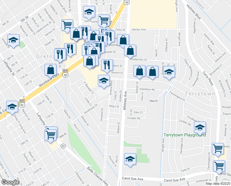 map of restaurants, bars, coffee shops, grocery stores, and more near 234 Peony Court in Gretna