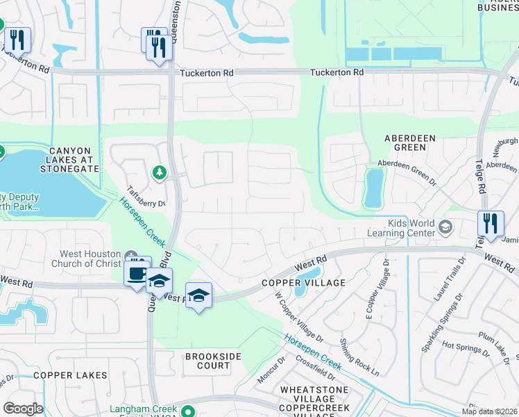 map of restaurants, bars, coffee shops, grocery stores, and more near 16611 Whitaker Creek Drive in Houston