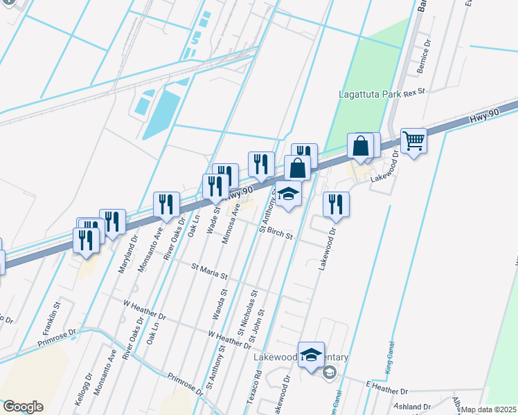 map of restaurants, bars, coffee shops, grocery stores, and more near 12371 US 90 in Luling