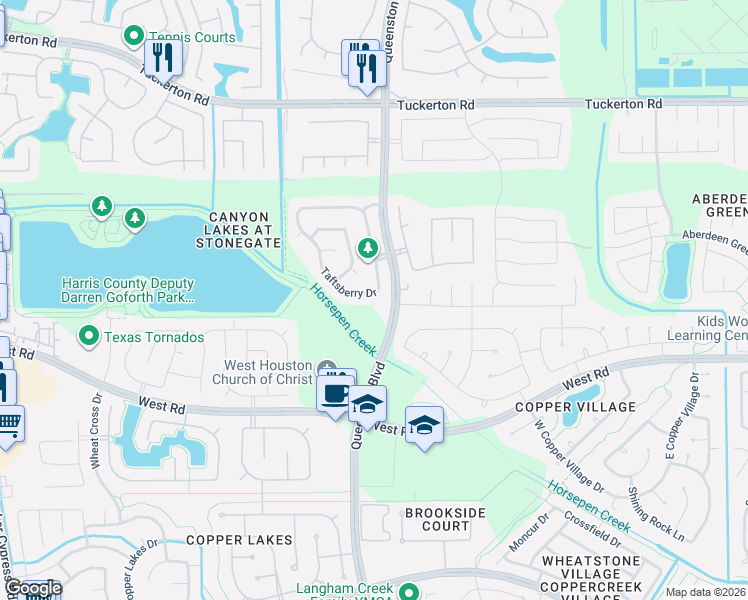 map of restaurants, bars, coffee shops, grocery stores, and more near 9207 Taftsberry Drive in Houston