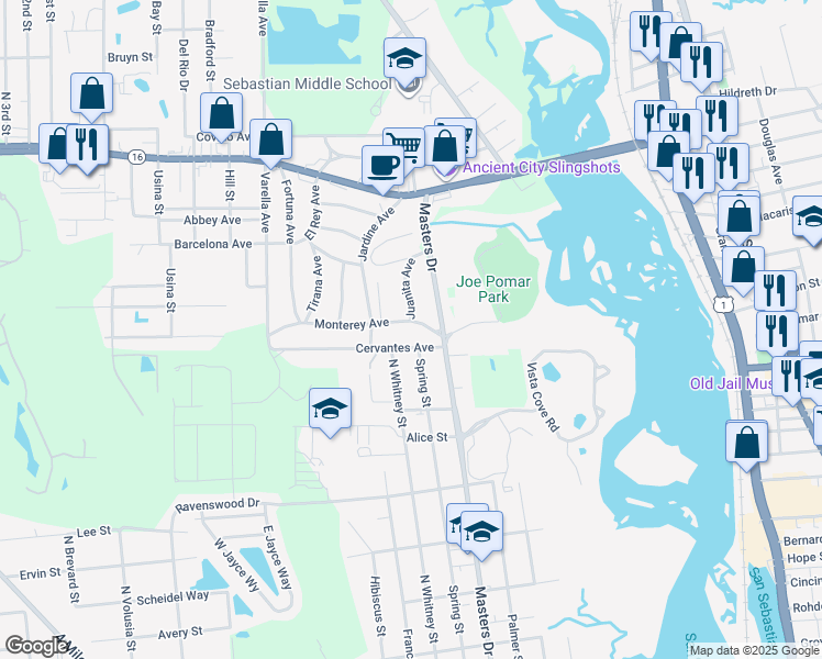 map of restaurants, bars, coffee shops, grocery stores, and more near 226 Cervantes Avenue in St. Augustine