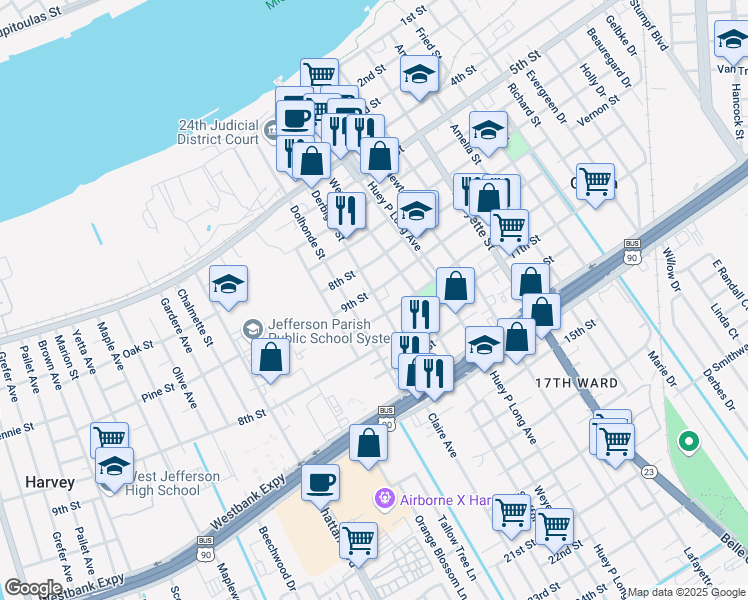 map of restaurants, bars, coffee shops, grocery stores, and more near 930 Derbigny Street in Gretna