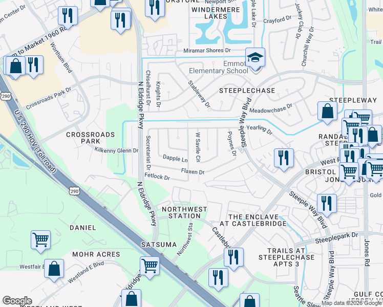 map of restaurants, bars, coffee shops, grocery stores, and more near 12206 Dapple Lane in Houston