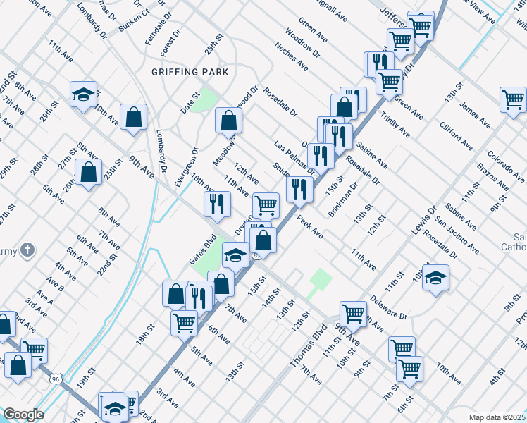 map of restaurants, bars, coffee shops, grocery stores, and more near 3835 Gulfway Drive in Port Arthur