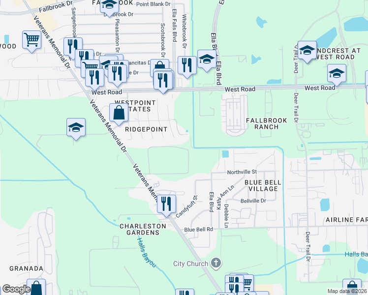 map of restaurants, bars, coffee shops, grocery stores, and more near 9900 Veterans Memorial Drive in Houston