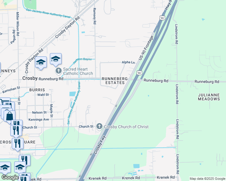 map of restaurants, bars, coffee shops, grocery stores, and more near 1326 Gamma Avenue in Crosby