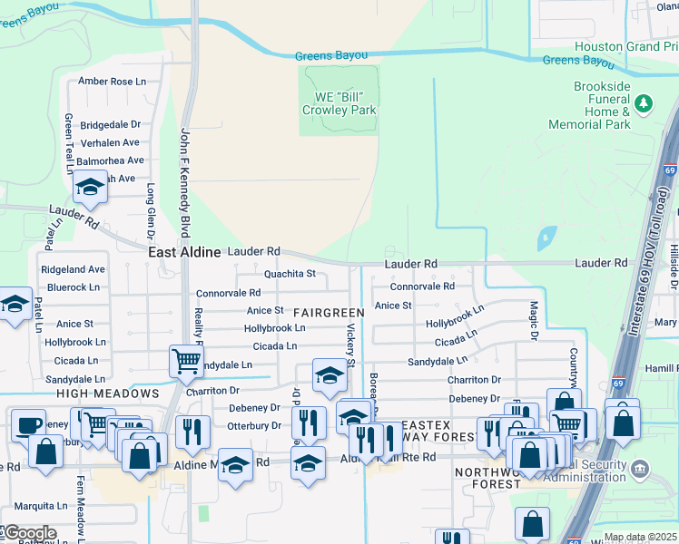 map of restaurants, bars, coffee shops, grocery stores, and more near 13106 Vickery Street in Houston