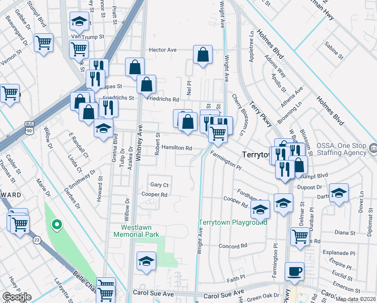 map of restaurants, bars, coffee shops, grocery stores, and more near 244 Oak Dale Drive in Gretna