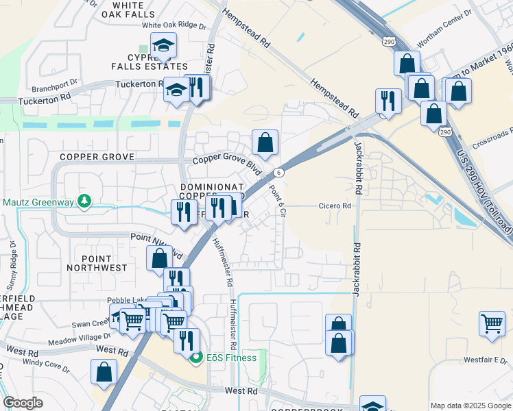 map of restaurants, bars, coffee shops, grocery stores, and more near Unnamed Road in Houston