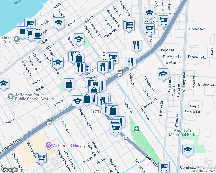 map of restaurants, bars, coffee shops, grocery stores, and more near 1402 Calder Street in Gretna