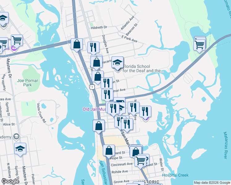 map of restaurants, bars, coffee shops, grocery stores, and more near 2 1/2 May Street in St. Augustine