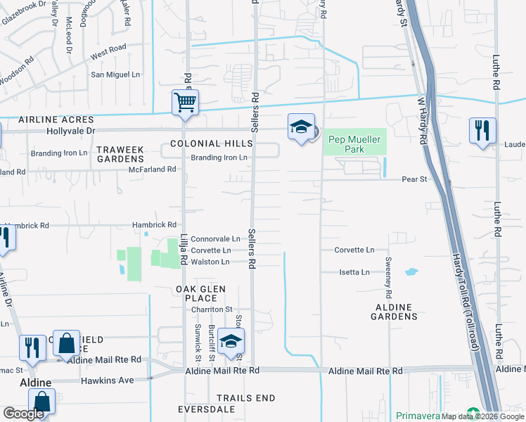 map of restaurants, bars, coffee shops, grocery stores, and more near 706 Hambrick Court in Houston