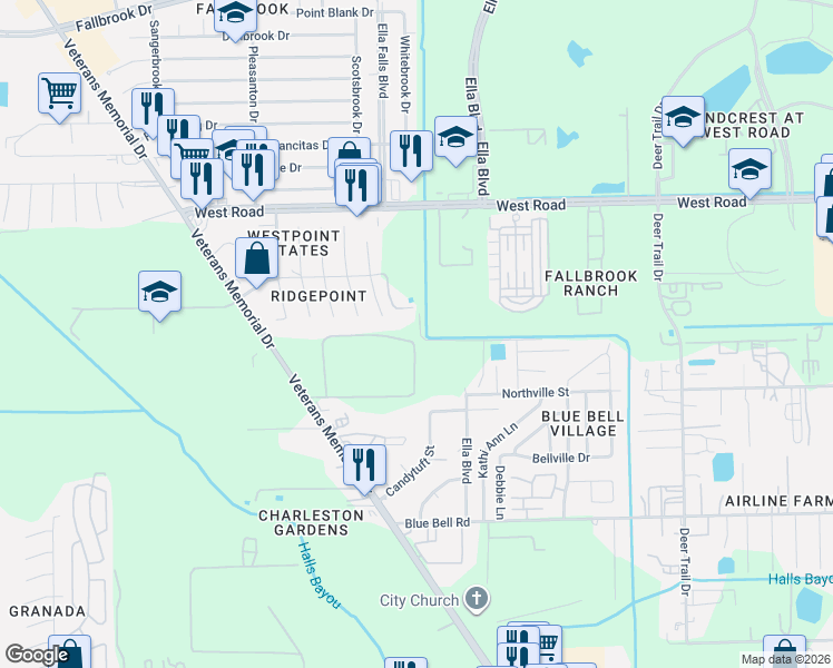 map of restaurants, bars, coffee shops, grocery stores, and more near 9900 Veterans Memorial Drive in Houston