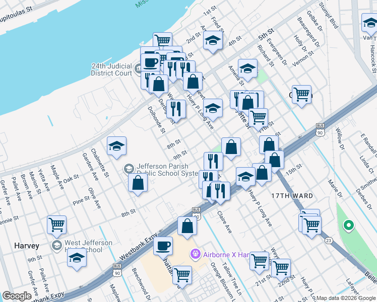 map of restaurants, bars, coffee shops, grocery stores, and more near 930 Derbigny Street in Gretna