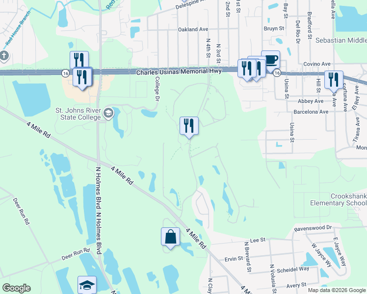 map of restaurants, bars, coffee shops, grocery stores, and more near 301 Royal Saint Augustine Parkway in St. Augustine
