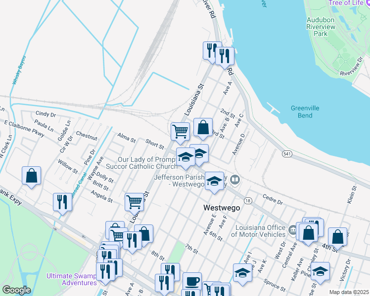 map of restaurants, bars, coffee shops, grocery stores, and more near 476 Sala Avenue in Westwego