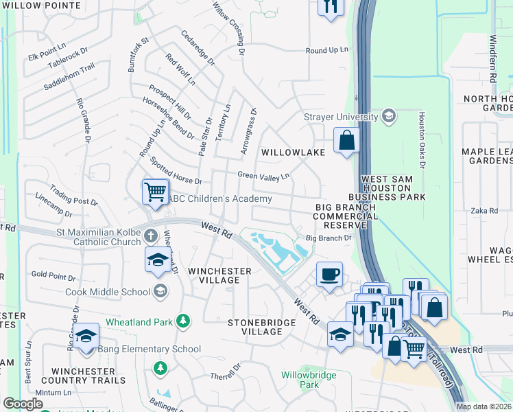 map of restaurants, bars, coffee shops, grocery stores, and more near 12626 Winter Run Drive in Houston