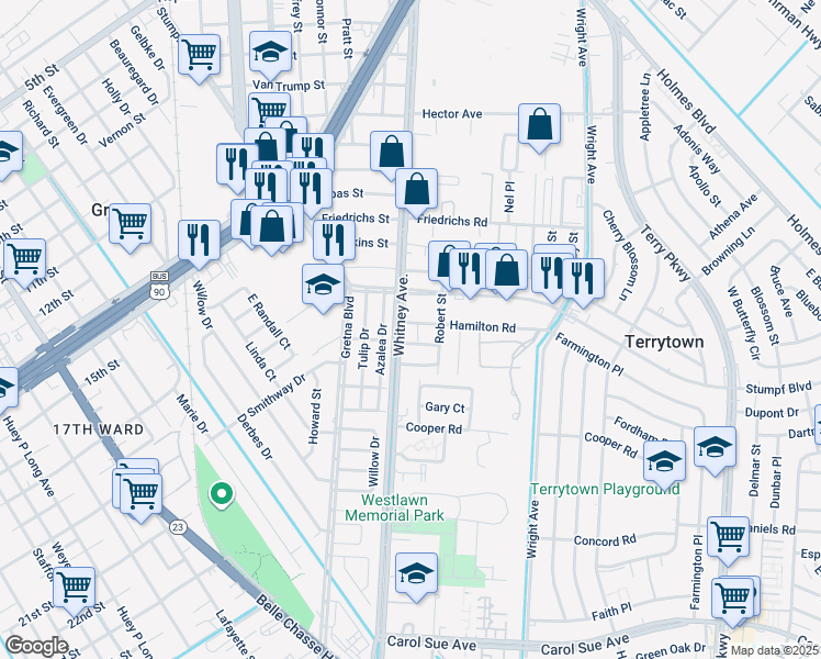 map of restaurants, bars, coffee shops, grocery stores, and more near 116 Landry Street in Terrytown
