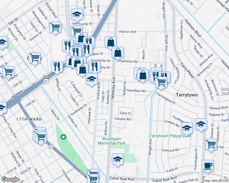 map of restaurants, bars, coffee shops, grocery stores, and more near 116 Landry Street in Terrytown