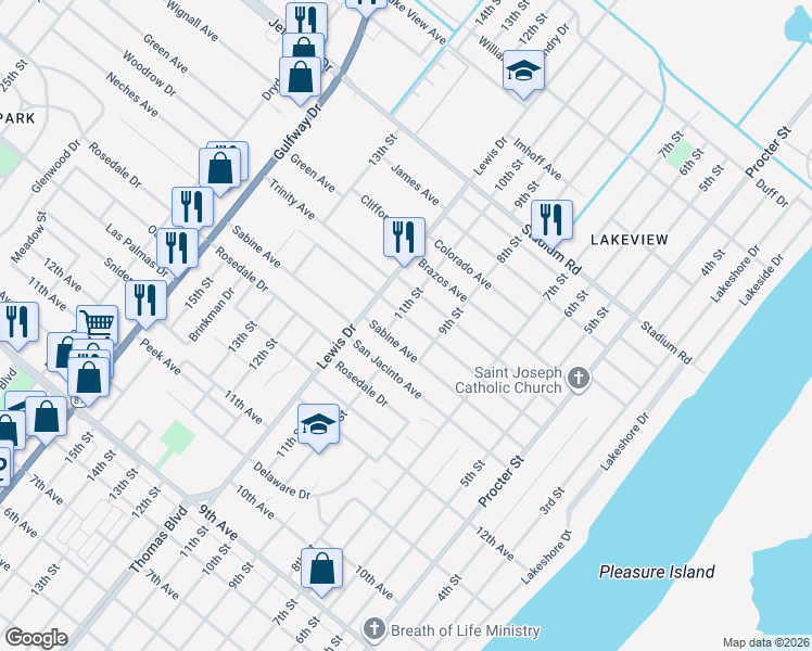 map of restaurants, bars, coffee shops, grocery stores, and more near 940 Sabine Avenue in Port Arthur
