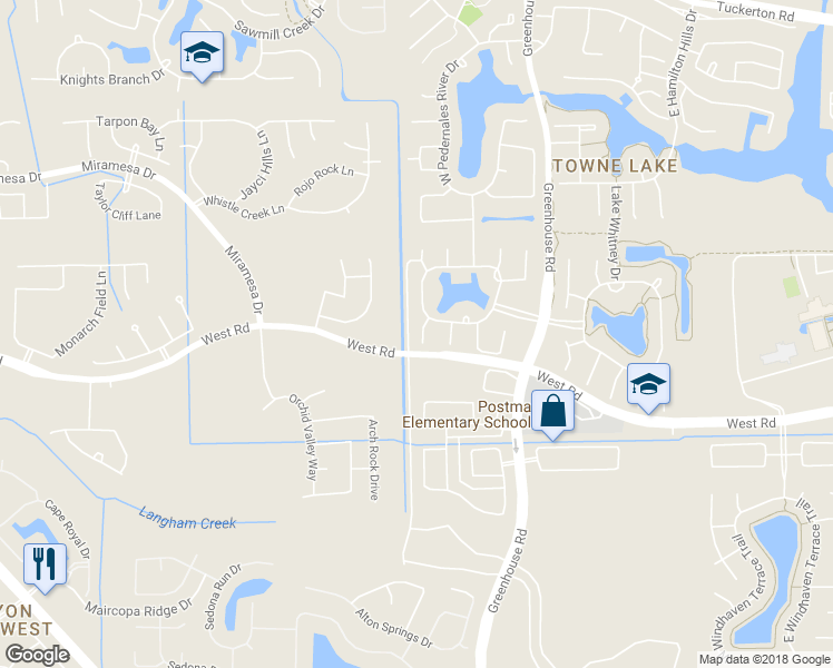 map of restaurants, bars, coffee shops, grocery stores, and more near 9111 Brownwood Bend Court in Cypress