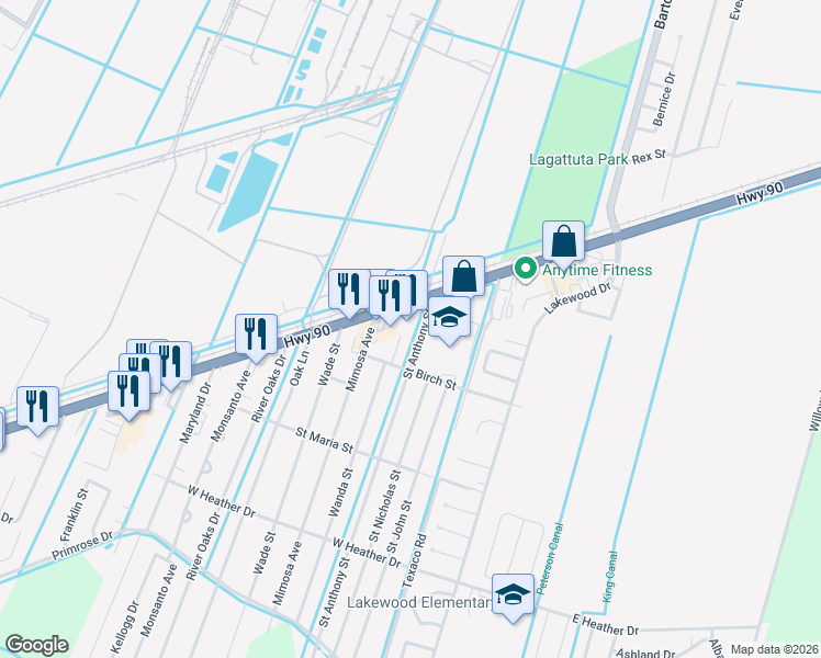 map of restaurants, bars, coffee shops, grocery stores, and more near 12371 U.S. 90 in Luling