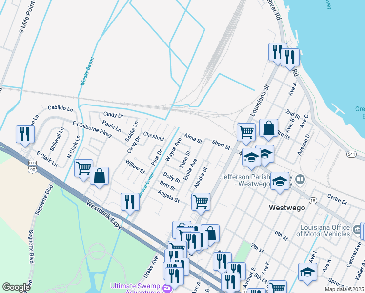 map of restaurants, bars, coffee shops, grocery stores, and more near 7825 Karla Street in Bridge City