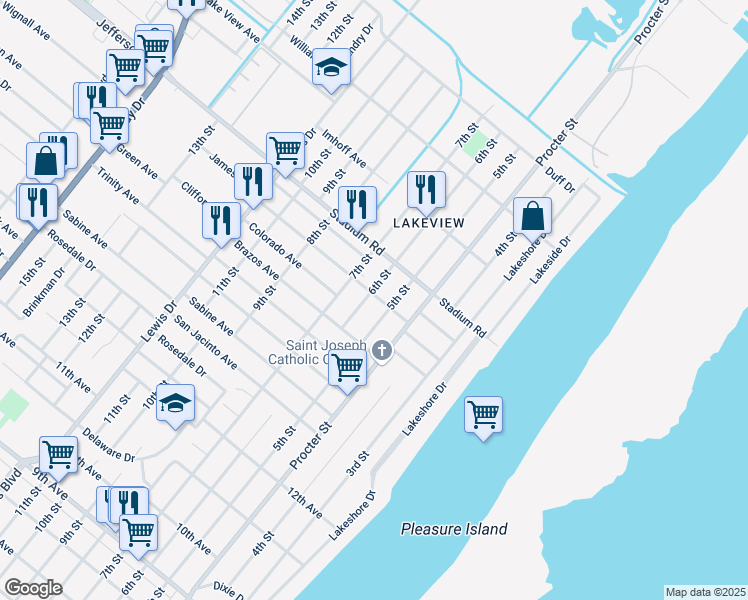 map of restaurants, bars, coffee shops, grocery stores, and more near 4630 6th Street in Port Arthur