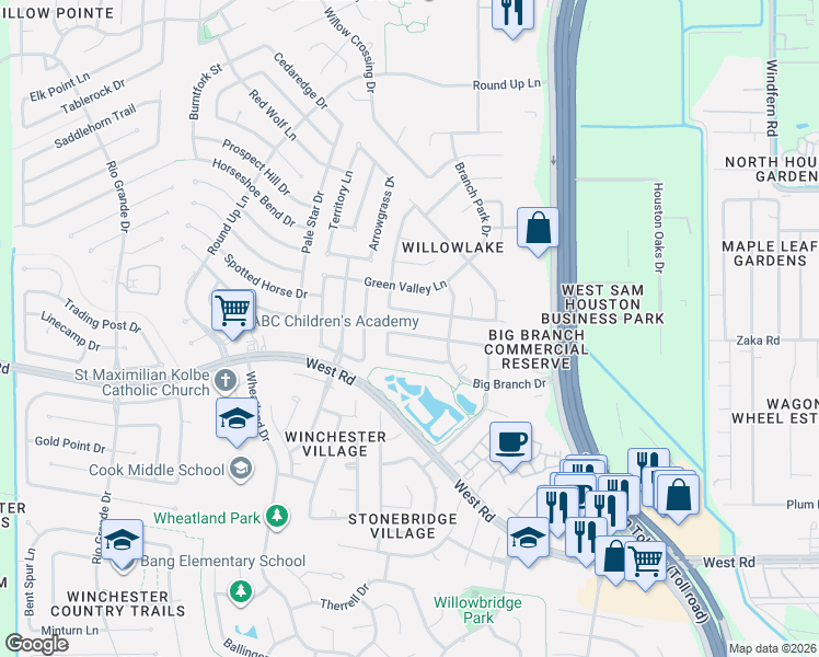 map of restaurants, bars, coffee shops, grocery stores, and more near 9802 Big Willow Lane in Houston