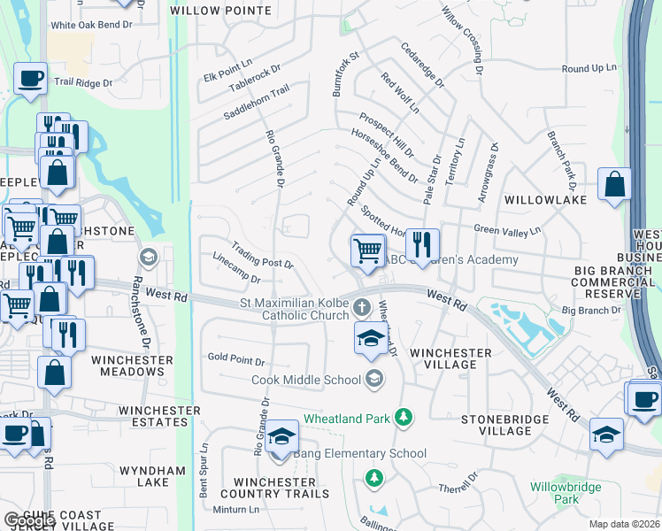 map of restaurants, bars, coffee shops, grocery stores, and more near 10139 Silver City Drive in Houston