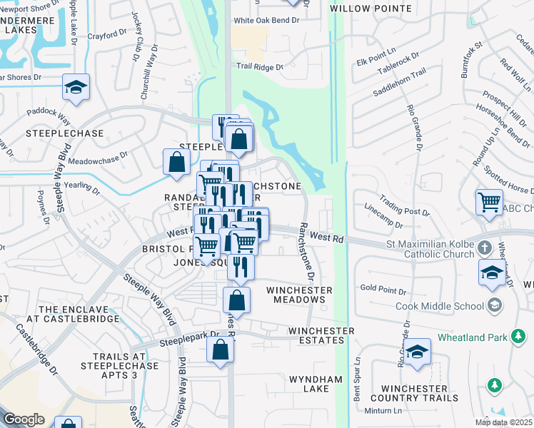 map of restaurants, bars, coffee shops, grocery stores, and more near 11014 West Road in Houston