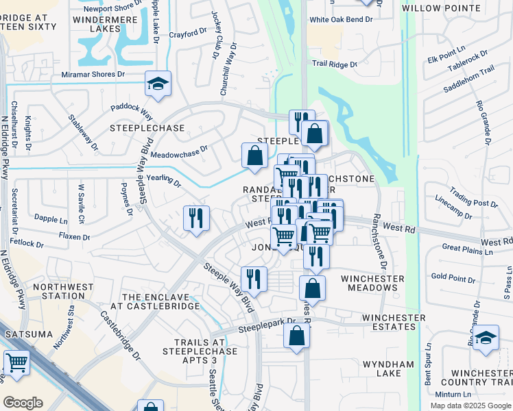 map of restaurants, bars, coffee shops, grocery stores, and more near 11220 West Road in Houston