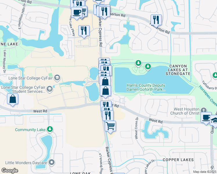 map of restaurants, bars, coffee shops, grocery stores, and more near 9110 Barker Cypress Road in Cypress
