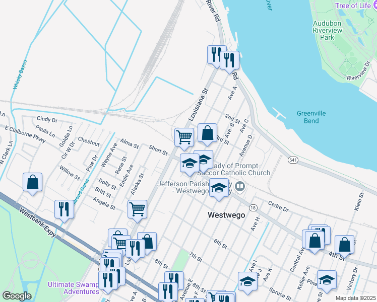 map of restaurants, bars, coffee shops, grocery stores, and more near 476 Sala Avenue in Westwego