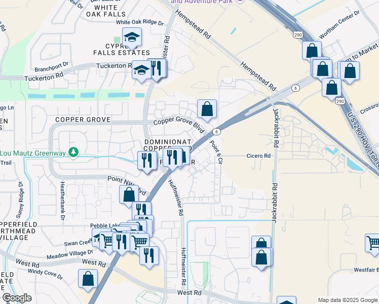 map of restaurants, bars, coffee shops, grocery stores, and more near 9040 Highway 6 North in Houston