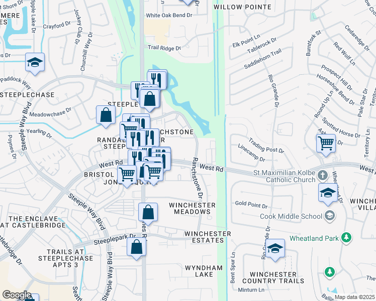 map of restaurants, bars, coffee shops, grocery stores, and more near 10910 West Road in Houston