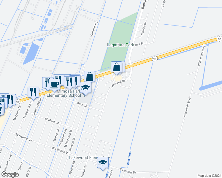 map of restaurants, bars, coffee shops, grocery stores, and more near 121 Lakewood Drive in Luling