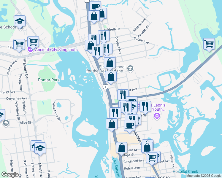 map of restaurants, bars, coffee shops, grocery stores, and more near 190 San Marco Avenue in Saint Augustine