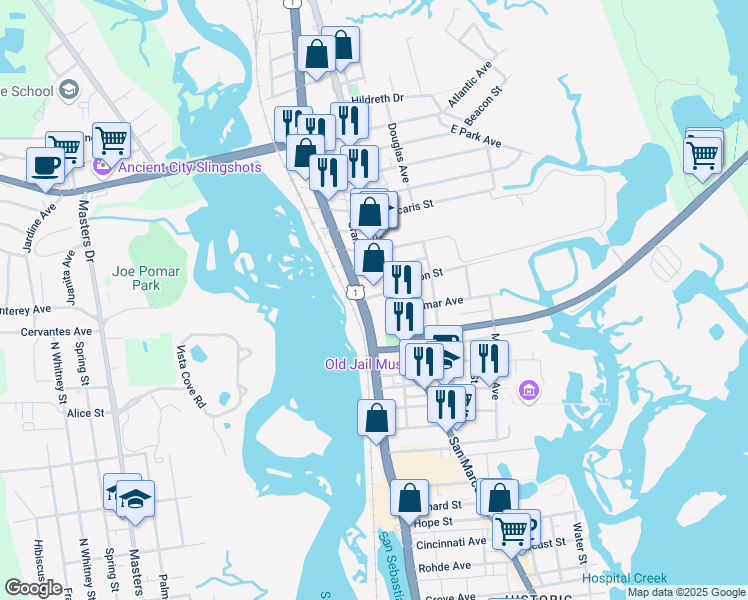 map of restaurants, bars, coffee shops, grocery stores, and more near 190 San Marco Avenue in Saint Augustine