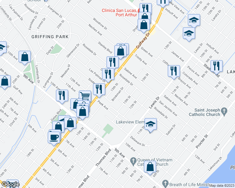 map of restaurants, bars, coffee shops, grocery stores, and more near Brinkman Drive in Port Arthur