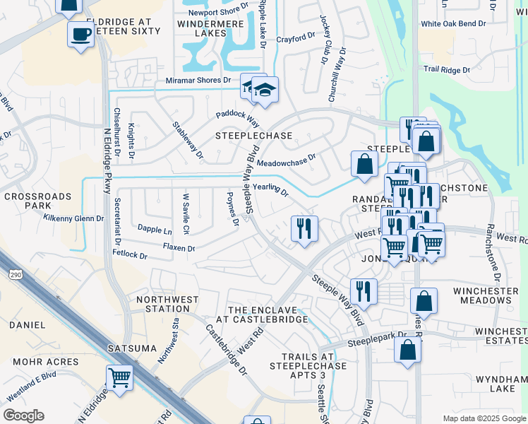 map of restaurants, bars, coffee shops, grocery stores, and more near 9623 Blackamore Circle in Houston
