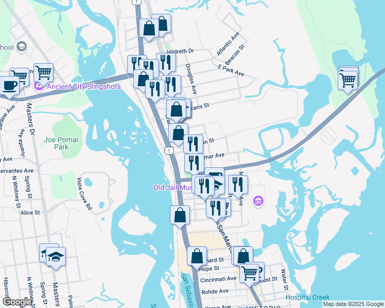 map of restaurants, bars, coffee shops, grocery stores, and more near 195 San Marco Avenue in St. Augustine