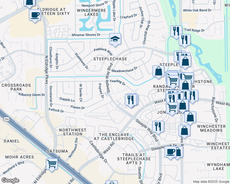 map of restaurants, bars, coffee shops, grocery stores, and more near 9623 Blackamore Circle in Houston