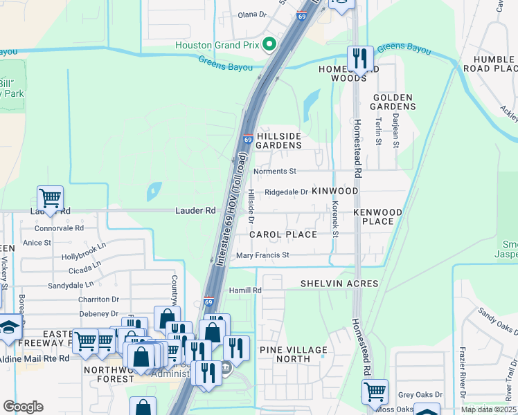 map of restaurants, bars, coffee shops, grocery stores, and more near 13006 Eastex Freeway in Houston