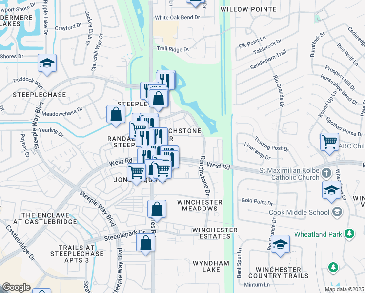 map of restaurants, bars, coffee shops, grocery stores, and more near 10990 West Road in Houston