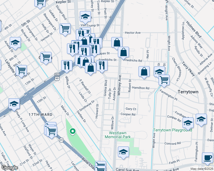 map of restaurants, bars, coffee shops, grocery stores, and more near 6 Gretna Boulevard in Gretna